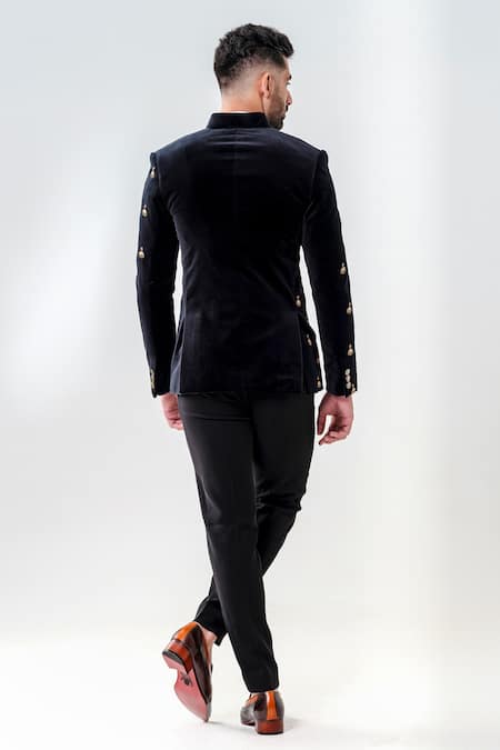 Shop_Amrit Dawani_Black Velvet Embroidery Shell Motif Jodhpuri Set _Online_at_Aza_Fashions