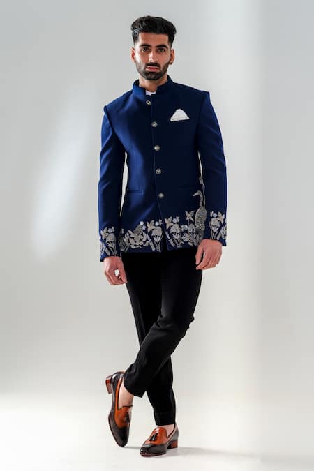 Amrit Dawani_Blue Polyester Embroidery Sequin Flower Jodhpuri Set _Online_at_Aza_Fashions