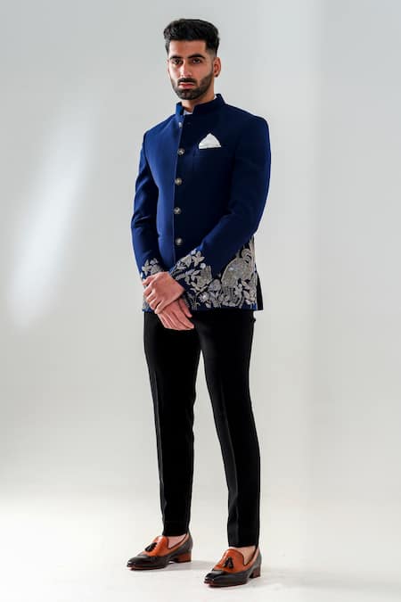Buy_Amrit Dawani_Blue Polyester Embroidery Sequin Flower Jodhpuri Set _Online_at_Aza_Fashions