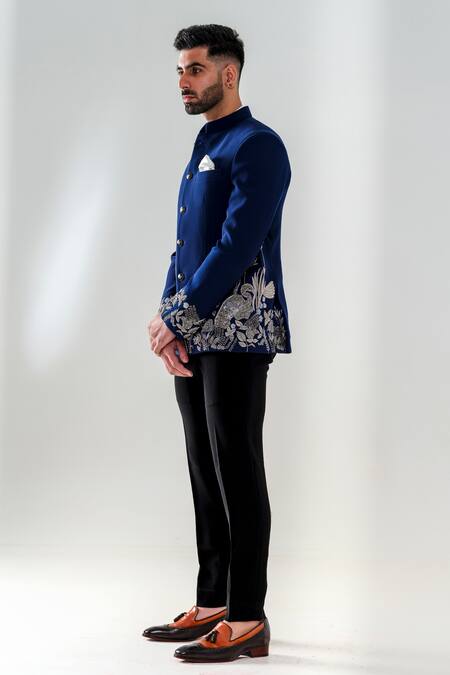 Shop_Amrit Dawani_Blue Polyester Embroidery Sequin Flower Jodhpuri Set _Online_at_Aza_Fashions