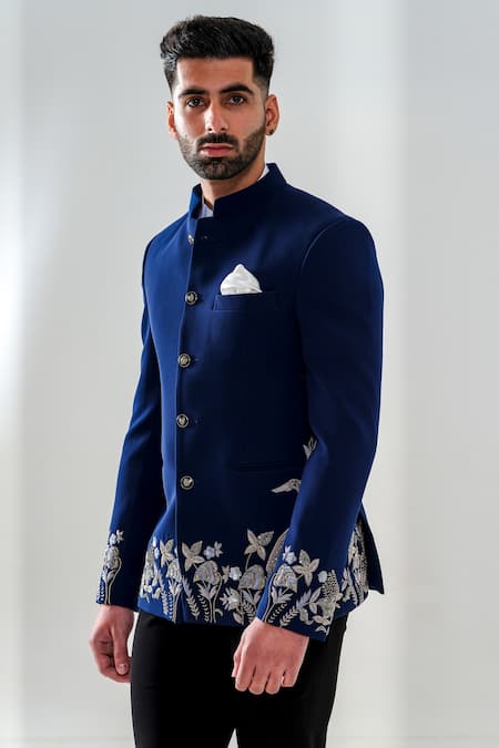 Amrit Dawani_Blue Polyester Embroidery Sequin Flower Jodhpuri Set _at_Aza_Fashions