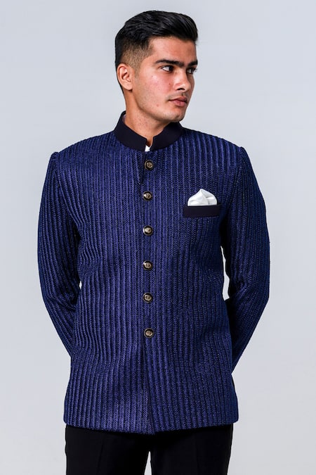 Amrit Dawani_Blue Polyester Embroidery French Knot Jodhpuri Set _Online_at_Aza_Fashions