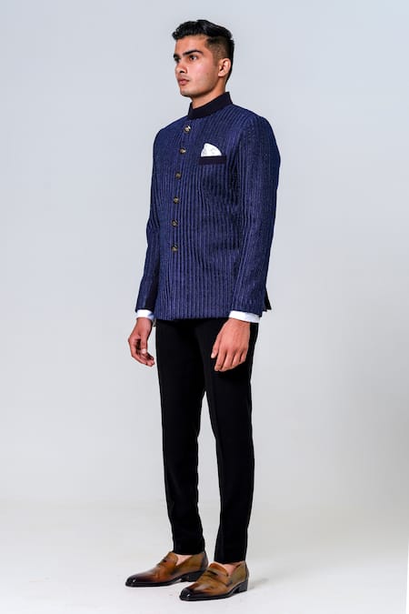 Amrit Dawani_Blue Polyester Embroidery French Knot Jodhpuri Set _at_Aza_Fashions