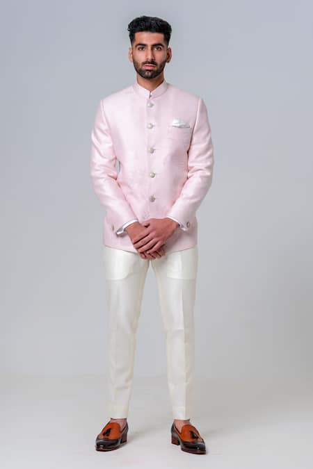 Amrit Dawani_Pink Silk Embroidery Self Tone Flower Jodhpuri Set _Online_at_Aza_Fashions