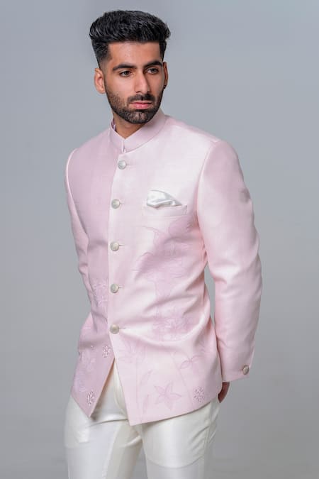 Buy_Amrit Dawani_Pink Silk Embroidery Self Tone Flower Jodhpuri Set _Online_at_Aza_Fashions