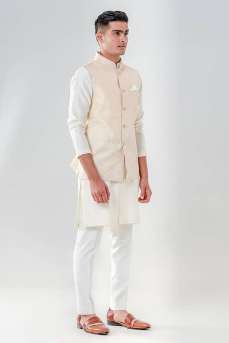 Amrit Dawani_Beige Silk, , Satin Embroidery Bundi Kurta Set _Online_at_Aza_Fashions