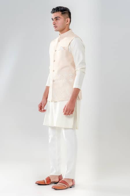 Buy_Amrit Dawani_Beige Silk, , Satin Embroidery Bundi Kurta Set _Online_at_Aza_Fashions
