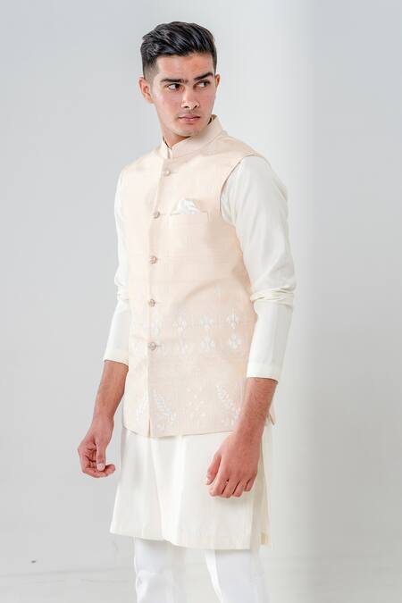 Shop_Amrit Dawani_Beige Silk, , Satin Embroidery Bundi Kurta Set _Online_at_Aza_Fashions