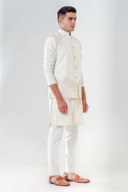 Amrit Dawani_Ivory Silk, , Satin Embroidery Floral Bundi Kurta Set _Online_at_Aza_Fashions