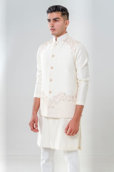 Shop_Amrit Dawani_Ivory Silk, , Satin Embroidery Floral Bundi Kurta Set _Online_at_Aza_Fashions