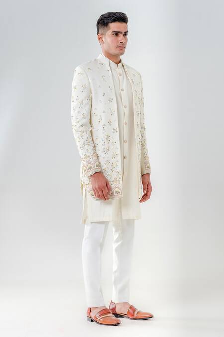 Buy_Amrit Dawani_Ivory Silk Metallic Thread, Embroidery Flower Bouquet Jacket Kurta Set _Online_at_Aza_Fashions