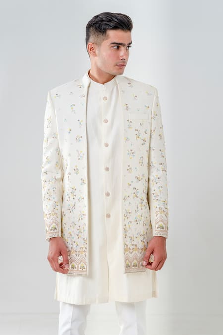 Shop_Amrit Dawani_Ivory Silk Metallic Thread, Embroidery Flower Bouquet Jacket Kurta Set _Online_at_Aza_Fashions