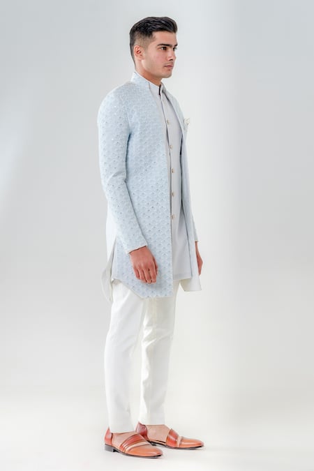 Amrit Dawani_Blue Cotton, Silk, Lycra Embroidery, Mirrors Jacket Kurta Set _Online_at_Aza_Fashions