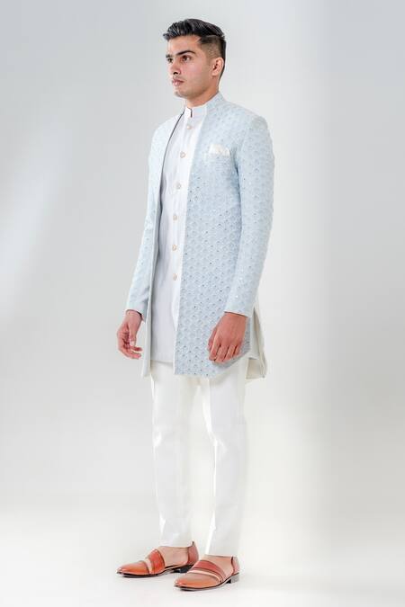 Buy_Amrit Dawani_Blue Cotton, Silk, Lycra Embroidery, Mirrors Jacket Kurta Set _Online_at_Aza_Fashions