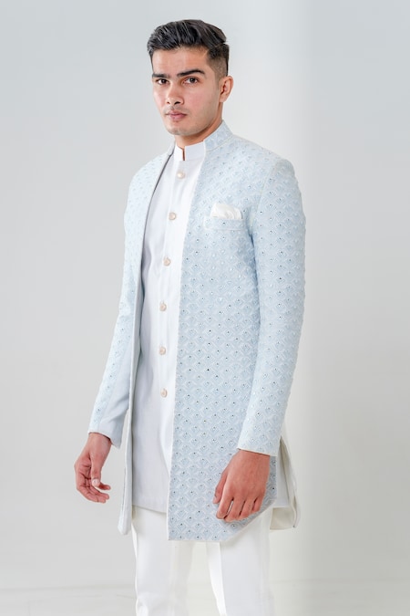 Amrit Dawani_Blue Cotton, Silk, Lycra Embroidery, Mirrors Jacket Kurta Set _at_Aza_Fashions