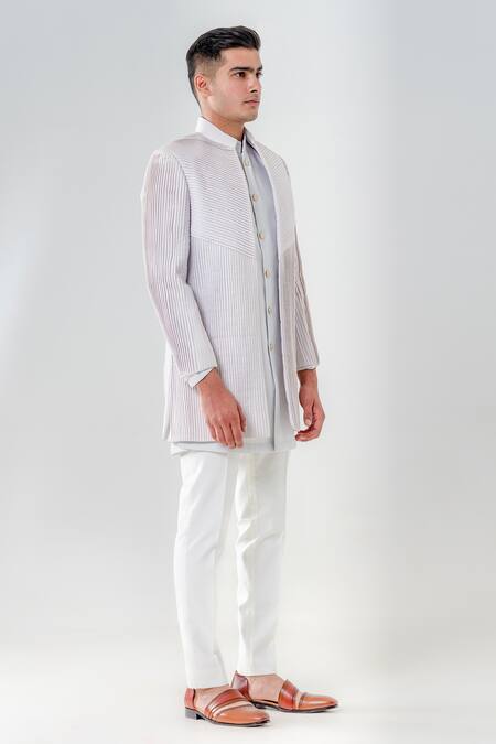 Buy_Amrit Dawani_Grey Cotton, Silk, Lycra Embroidery Pintuck Detail Jacket Kurta Set _Online_at_Aza_Fashions