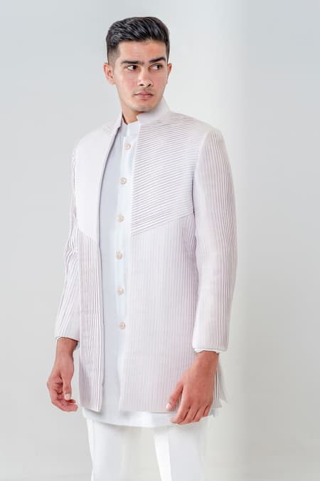 Shop_Amrit Dawani_Grey Cotton, Silk, Lycra Embroidery Pintuck Detail Jacket Kurta Set _Online_at_Aza_Fashions