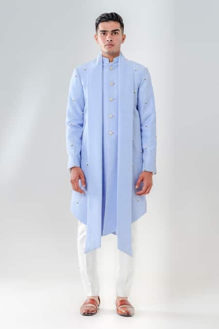 Amrit Dawani_Blue Silk, Cotton Embroidery Extended Lapel Attached Kurta With Trouser _Online_at_Aza_Fashions