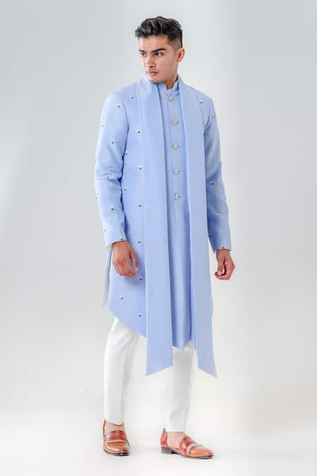 Buy_Amrit Dawani_Blue Silk, Cotton Embroidery Extended Lapel Attached Kurta With Trouser _Online_at_Aza_Fashions