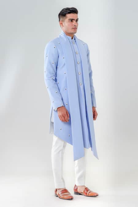 Shop_Amrit Dawani_Blue Silk, Cotton Embroidery Extended Lapel Attached Kurta With Trouser _Online_at_Aza_Fashions