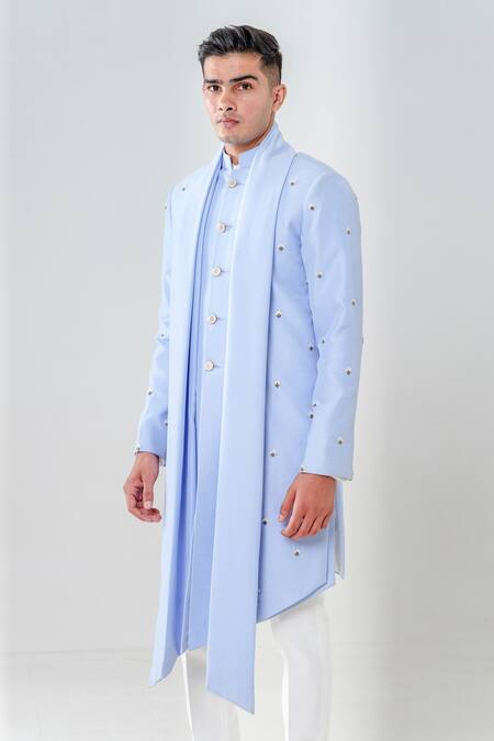 Amrit Dawani_Blue Silk, Cotton Embroidery Extended Lapel Attached Kurta With Trouser _at_Aza_Fashions