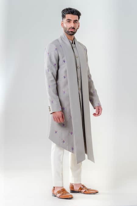 Buy_Amrit Dawani_Grey Silk, Cotton Embroidery Geometric Embellished Kurta With Trouser _Online_at_Aza_Fashions