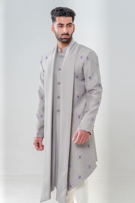 Shop_Amrit Dawani_Grey Silk, Cotton Embroidery Geometric Embellished Kurta With Trouser _Online_at_Aza_Fashions