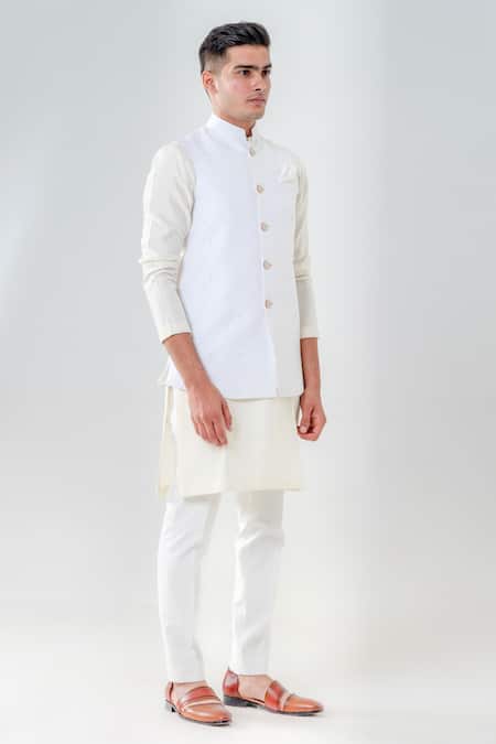 Amrit Dawani_Ivory Silk, , Satin Embroidery French Knot Bundi Kurta Set _Online_at_Aza_Fashions