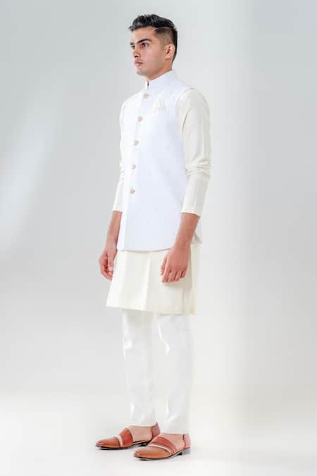 Buy_Amrit Dawani_Ivory Silk, , Satin Embroidery French Knot Bundi Kurta Set _Online_at_Aza_Fashions