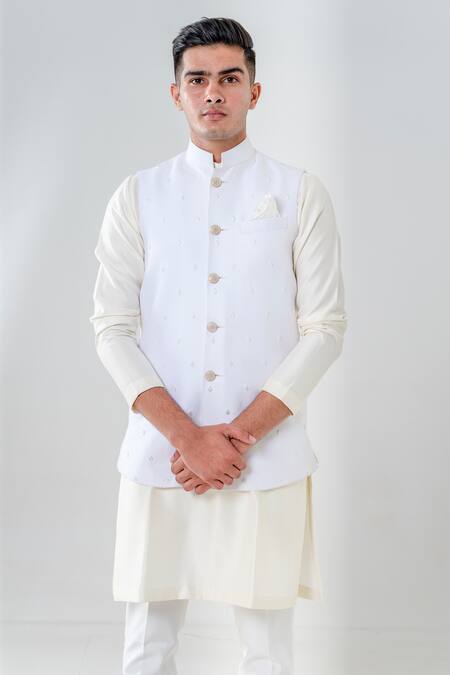 Shop_Amrit Dawani_Ivory Silk, , Satin Embroidery French Knot Bundi Kurta Set _Online_at_Aza_Fashions