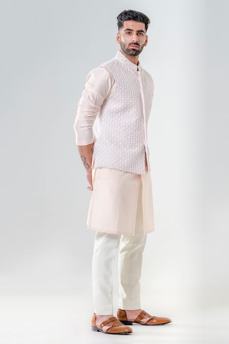 Amrit Dawani_Pink Silk, Cotton Embroidery Trellis Bundi Kurta Set _Online_at_Aza_Fashions