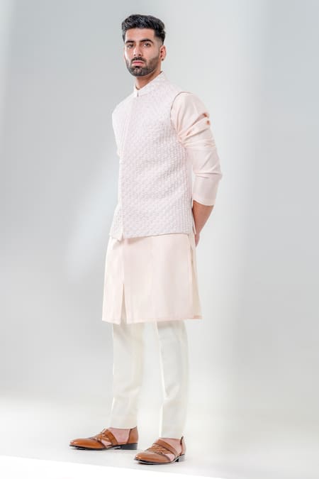 Buy_Amrit Dawani_Pink Silk, Cotton Embroidery Trellis Bundi Kurta Set _Online_at_Aza_Fashions