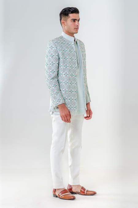 Amrit Dawani_Green Cotton, Silk Embroidery Floral Front Open Jhodhpuri Set _Online_at_Aza_Fashions