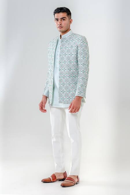 Buy_Amrit Dawani_Green Cotton, Silk Embroidery Floral Front Open Jhodhpuri Set _Online_at_Aza_Fashions