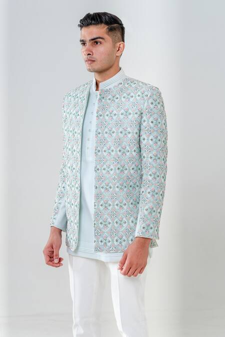 Shop_Amrit Dawani_Green Cotton, Silk Embroidery Floral Front Open Jhodhpuri Set _Online_at_Aza_Fashions