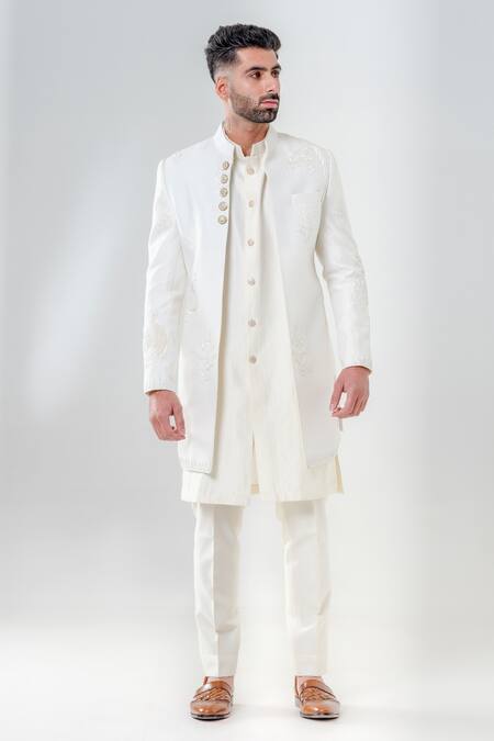 Amrit Dawani_Ivory Cotton, Silk, Lycra Metallic Tonal Leaf Embroidered Jacket Kurta Set _Online_at_Aza_Fashions