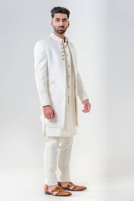 Shop_Amrit Dawani_Ivory Cotton, Silk, Lycra Metallic Tonal Leaf Embroidered Jacket Kurta Set _Online_at_Aza_Fashions