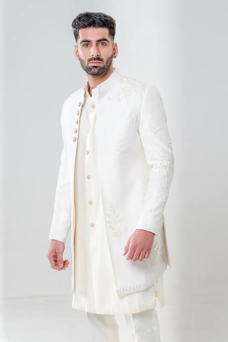 Amrit Dawani_Ivory Cotton, Silk, Lycra Metallic Tonal Leaf Embroidered Jacket Kurta Set _at_Aza_Fashions