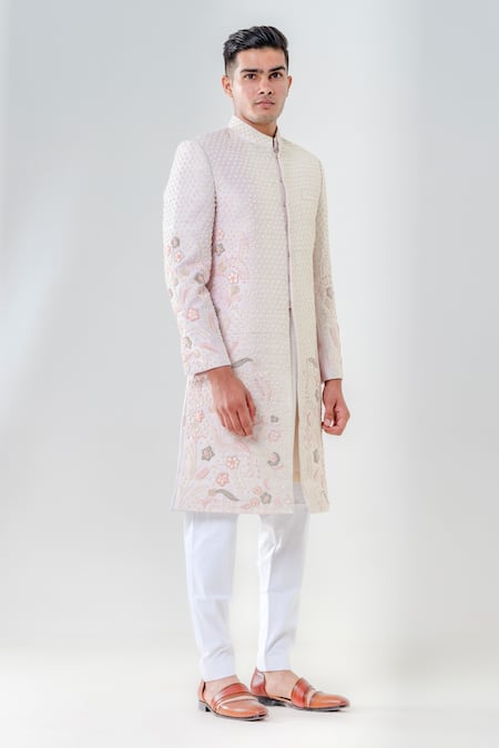 Buy_Amrit Dawani_Pink Silk Embroidery Raw Cut Dana Sherwani Set _Online_at_Aza_Fashions