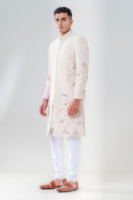 Shop_Amrit Dawani_Pink Silk Embroidery Raw Cut Dana Sherwani Set _Online_at_Aza_Fashions