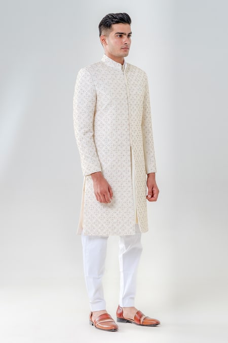 Amrit Dawani_Ivory Silk Embroidery Geometrical Threadwork Sherwani Set _Online_at_Aza_Fashions