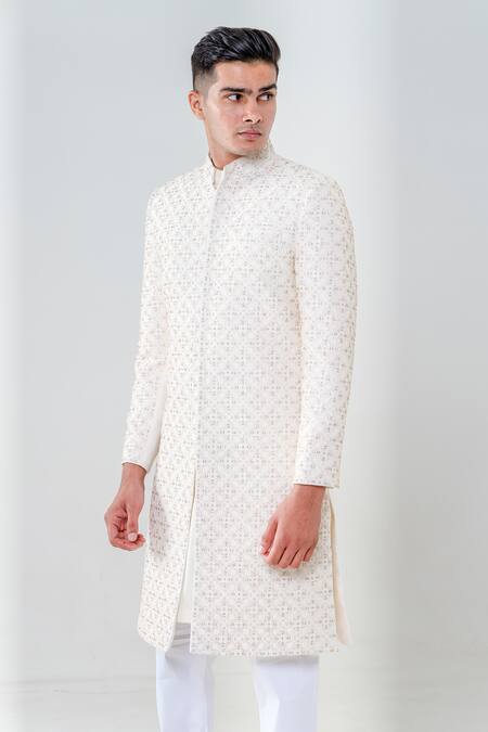 Shop_Amrit Dawani_Ivory Silk Embroidery Geometrical Threadwork Sherwani Set _Online_at_Aza_Fashions