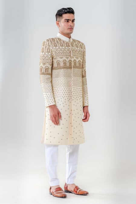 Amrit Dawani_Cream Silk, Cotton Zari, Embroidery Raw Embellished Sherwani Set _Online_at_Aza_Fashions
