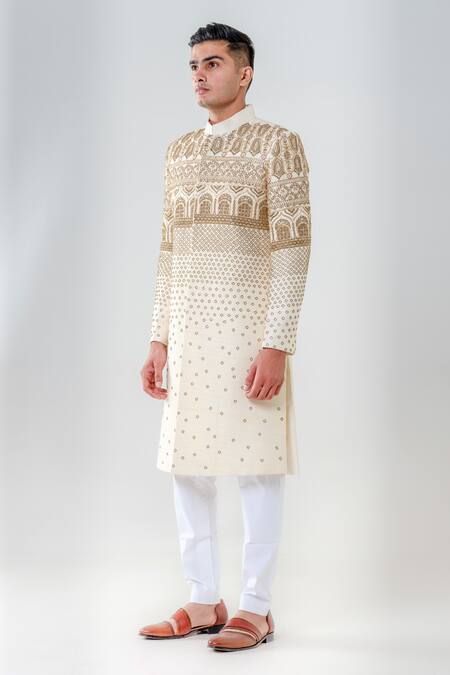 Buy_Amrit Dawani_Cream Silk, Cotton Zari, Embroidery Raw Embellished Sherwani Set _Online_at_Aza_Fashions