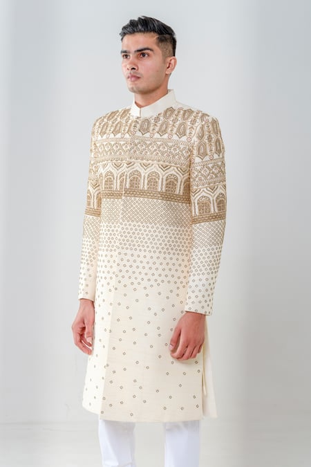 Shop_Amrit Dawani_Cream Silk, Cotton Zari, Embroidery Raw Embellished Sherwani Set _Online_at_Aza_Fashions