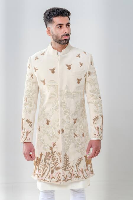 Amrit Dawani_Ivory Velvet, Cotton Zari, Embroidery Sherwani Set _Online_at_Aza_Fashions