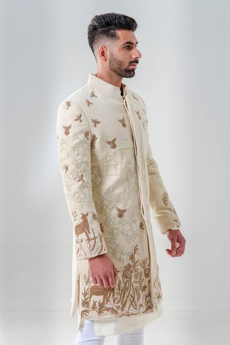 Amrit Dawani_Ivory Velvet, Cotton Zari, Embroidery Sherwani Set _at_Aza_Fashions