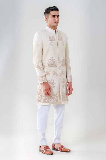 Amrit Dawani_Ivory Silk Embroidery Floral Geometric Embellished Sherwani Set _Online_at_Aza_Fashions