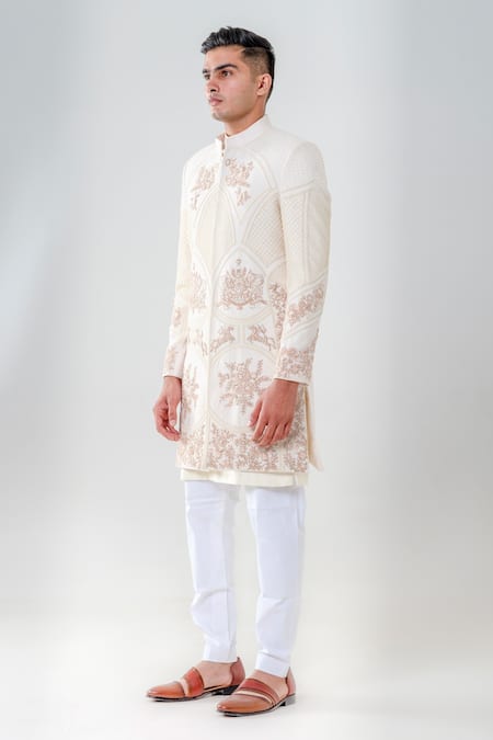 Buy_Amrit Dawani_Ivory Silk Embroidery Floral Geometric Embellished Sherwani Set _Online_at_Aza_Fashions