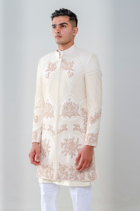 Shop_Amrit Dawani_Ivory Silk Embroidery Floral Geometric Embellished Sherwani Set _Online_at_Aza_Fashions